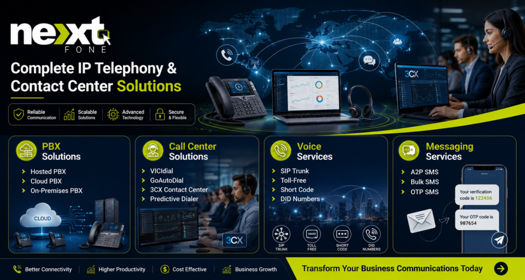 Hosted PBX, Cloud PBX, On-Premises PBX, SIP Trunk, Toll-Free Numbers, DID Numbers, 3CX Contact Center, VICIdial, GoAutoDial, A2P SMS, Bulk SMS, and OTP SMS solutions